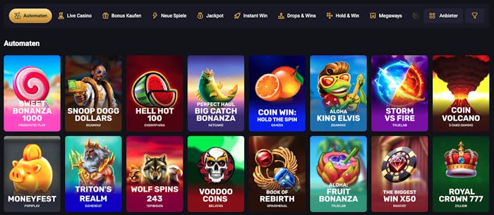 Spiellobby im RollXO Casino zeigt Slots wie Sweet Bonanza neben anderen Spielkategorien