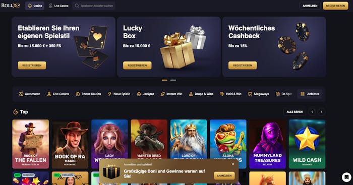 Startseite im RollXO Casino zeigt Promotionen und top Spiele
