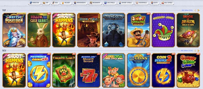 Spiellobby im Romibet Casino zeigt top Spiele wie Shoot Happens