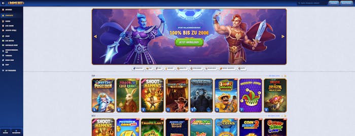 Startseite im Romibet Casino zeigt Willkommensbonus, Spiele und Menü