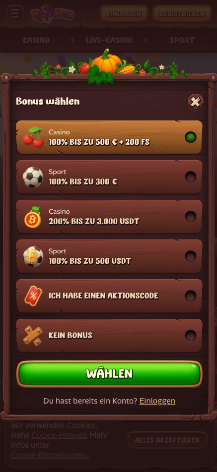Roostino Casino Screenshot mit der Registrierungsseite.