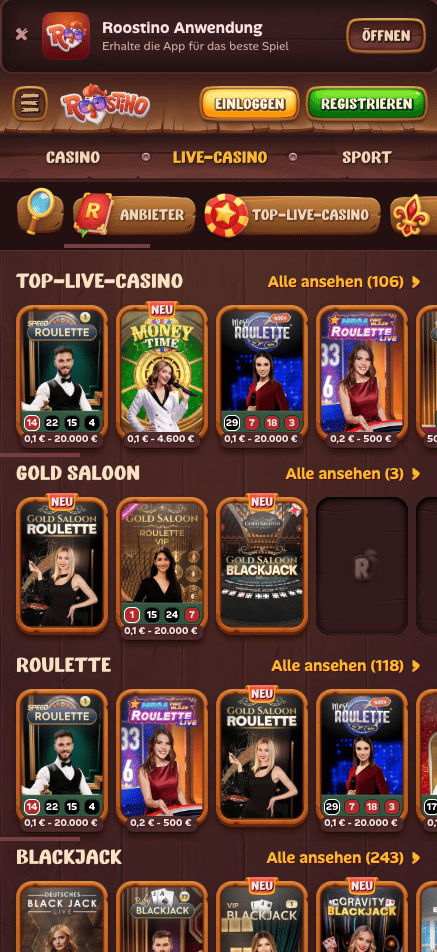 Roostino Casino mit den Live Spielen.