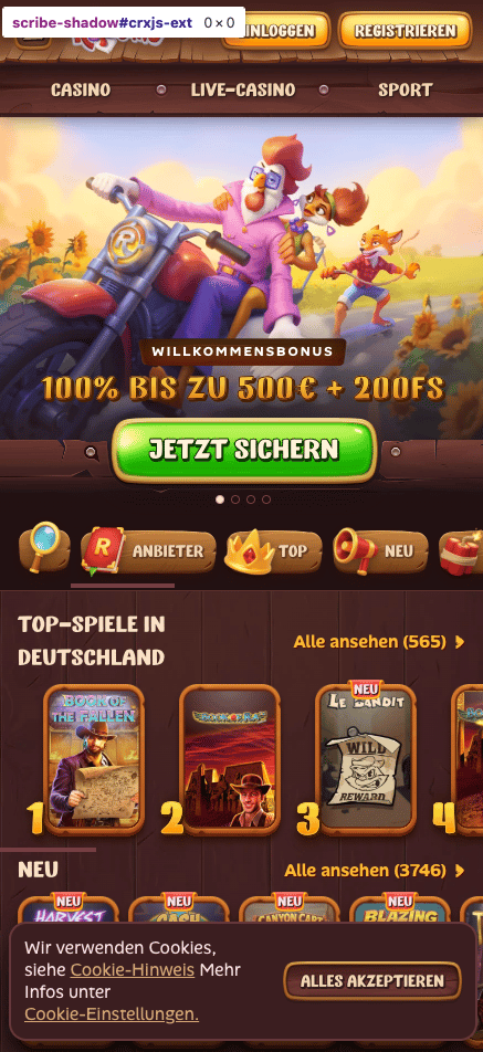 Roostino Casino Screenshot mit der Startseite.