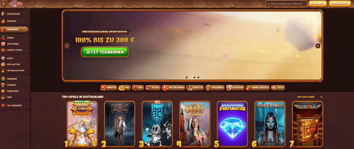 Roostino Casino Screenshot mit der Startseite.