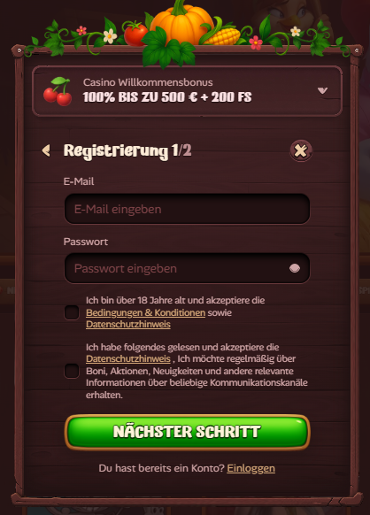 Roostino Casino Screenshot mit der Registrierungsseite.