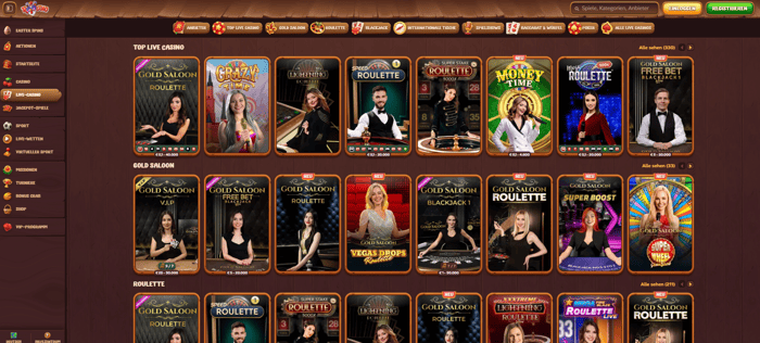 Roostino Casino mit den Live Spielen.
