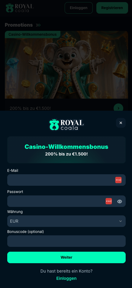 Anmeldeformular im Royal Coala Casino