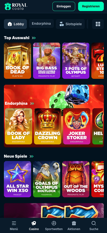 Spiellobby im Royal Coala Casino zeigt Spiele wie Book of Dead neben anderen Spielkategorien