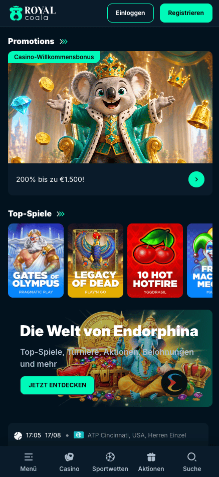 Startseite im Royal Coala Casino zeigt Willkommensbonus und top Spiele