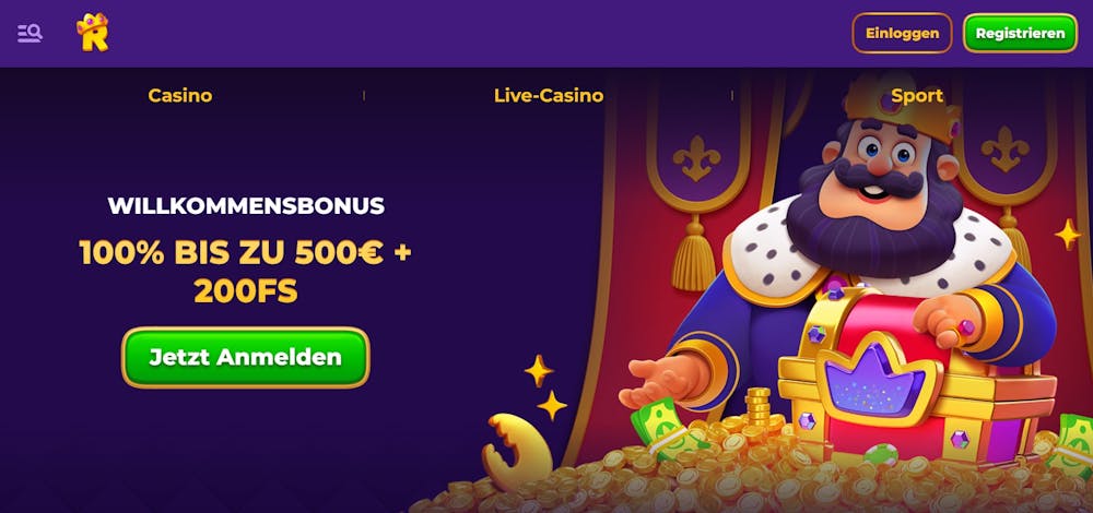 Startseite des Royal Game Casinos zeigt Willkommensbonusangebot und Casino Kategorien