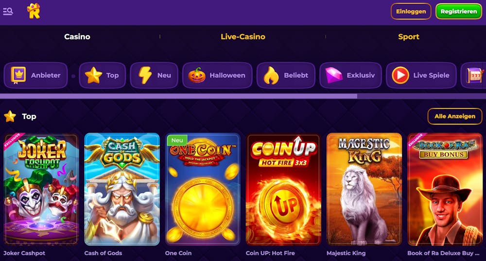 Spiellobby im Royal Game Casino zeigt Top Spiele wie Joker Cashpot neben anderen Casino Kategorien