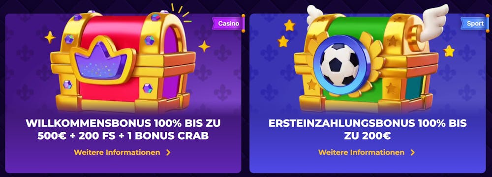 Royal Game Casino Willkommensbonus 100 Prozent bis zu 500 Euro, 200 Freispielen und einer Bonus Crab