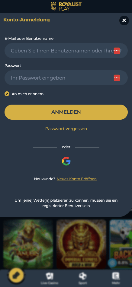 RoyalistPlay Casino Registrierung