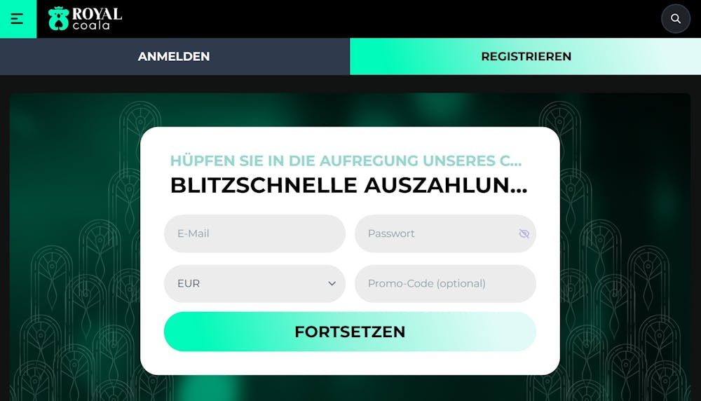 Screenshot vom Royal Coala Casino mit der Auswahl des Willkommensangebot, das man über eine Maske auswählen kann.