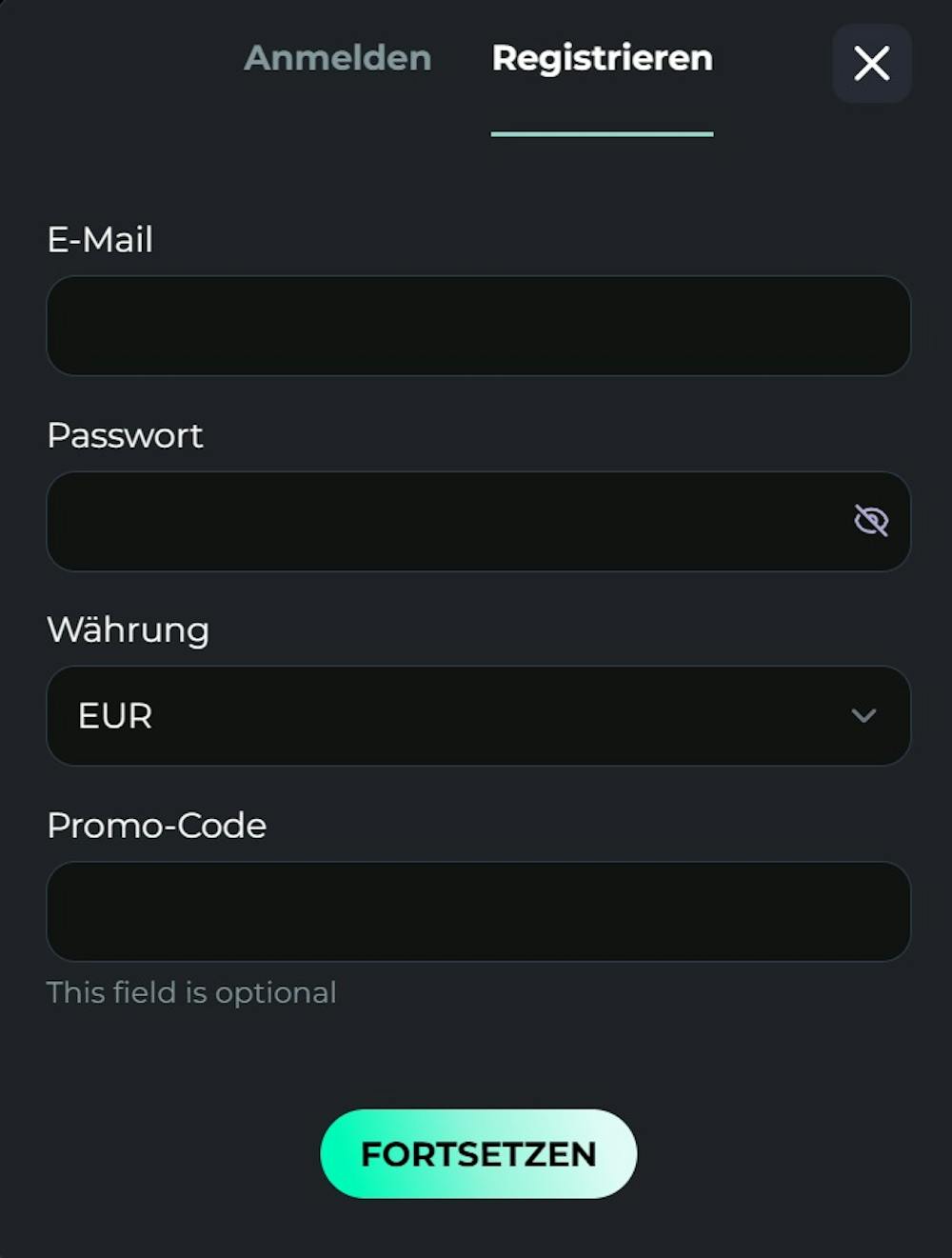 Screenshot vom Royal Panda Casino mit der Anmeldemaske, in welche das Passwort, Email und die jeweilige Währung eingegeben werden können.
