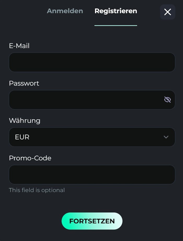 Screenshot vom Royal Panda Casino mit der Anmeldemaske, in welche das Passwort, Email und die jeweilige Währung eingegeben werden können.