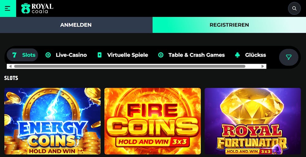 Royal Panda Casino Screenshot mit der Spieleauswahl, darunter der Slot Fire Coins.
