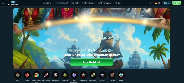 Royalsea Screenshot mit der Startseite, auf welcher auch der Willkommensbonus angezeigt wird.