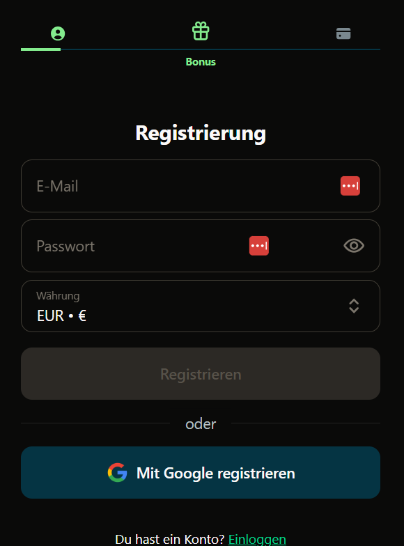 Royalsea Screenshot mit der Anmeldeseite.