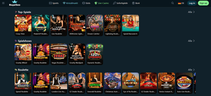 Royalsea Casino Screenshot mit dem Live Casino und den Spielen.