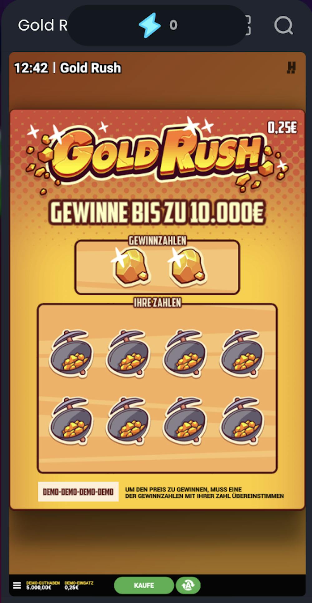 Mobile Ansicht vom Rubbellos online Casino Spiel Gold Rush