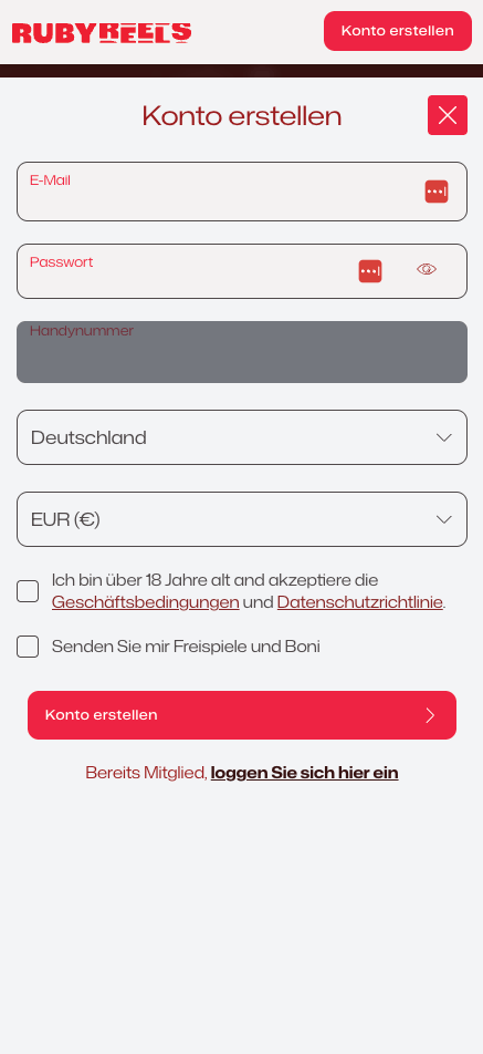 Ruby Reels Casino Screenshot mit der Anmeldeseite, auf welcher man sich den Willkommensbonus sichern kann.
