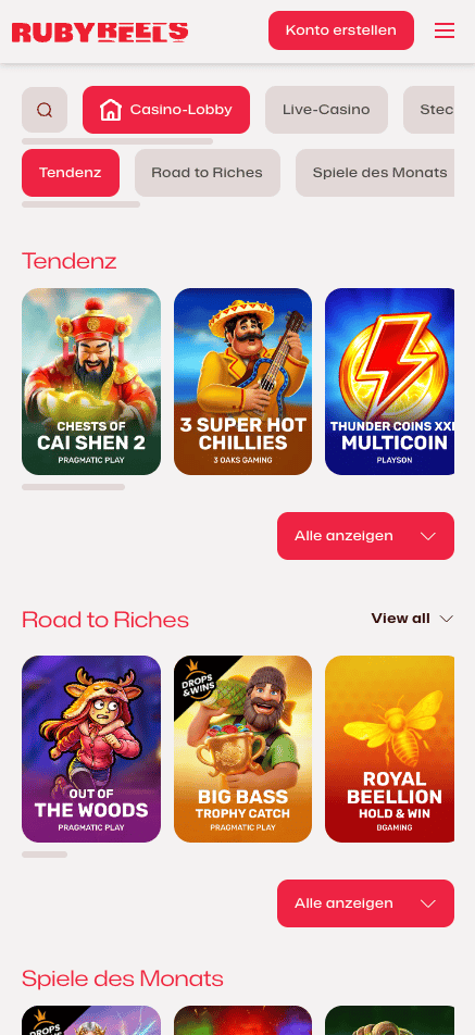 Ruby Reels Screenshot mit der Slot Auswahl des Casinos.