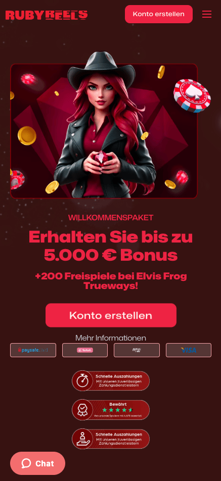 Startseite im Ruby Reels Casino zeigt Willkommenspaket und Anmeldebutton