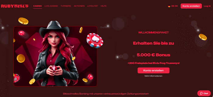 Ruby Reels Screenshot mit dem Willkommensbonus bis 5.000 Euro.