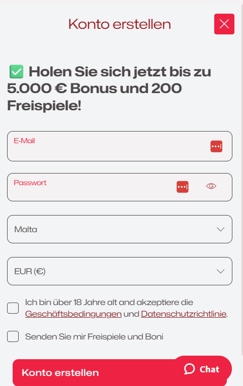 Ruby Reels Casino Screenshot mit der Anmeldeseite, auf welcher man sich den Willkommensbonus sichern kann.