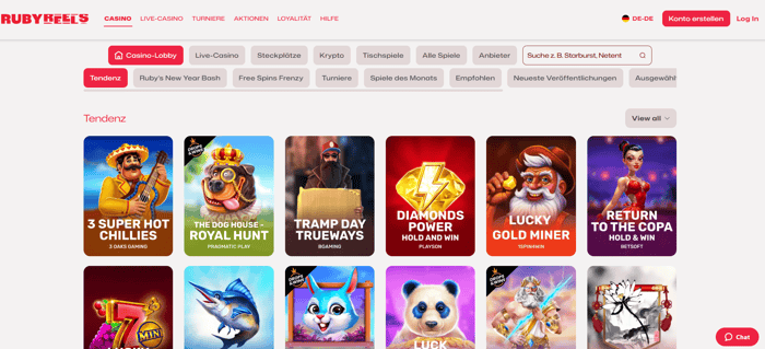 Ruby Reels Screenshot mit der Slot Auswahl des Casinos.