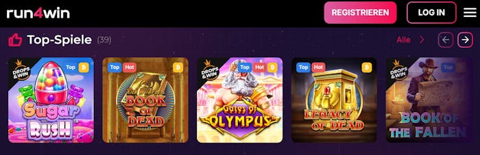 Spiellobby im Run4win zeigt top Spiele wie Gates of Olympus