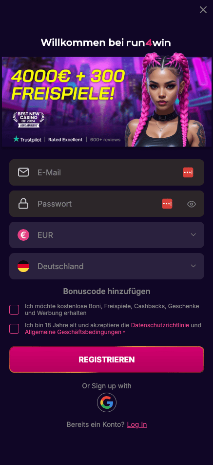 Anmeldeformular im Run4win Casino 