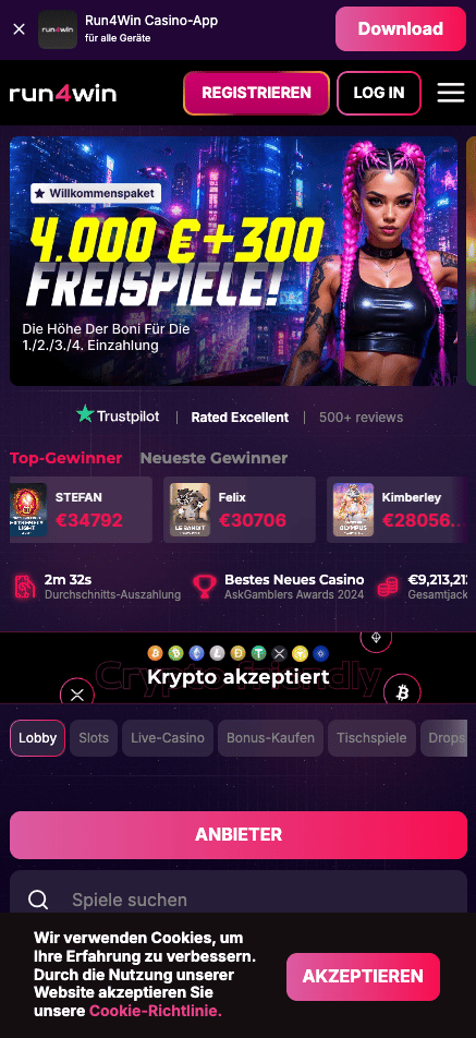 Startseite im Run4win Casino zeigt Willkommenspaket neben Anmeldebutton