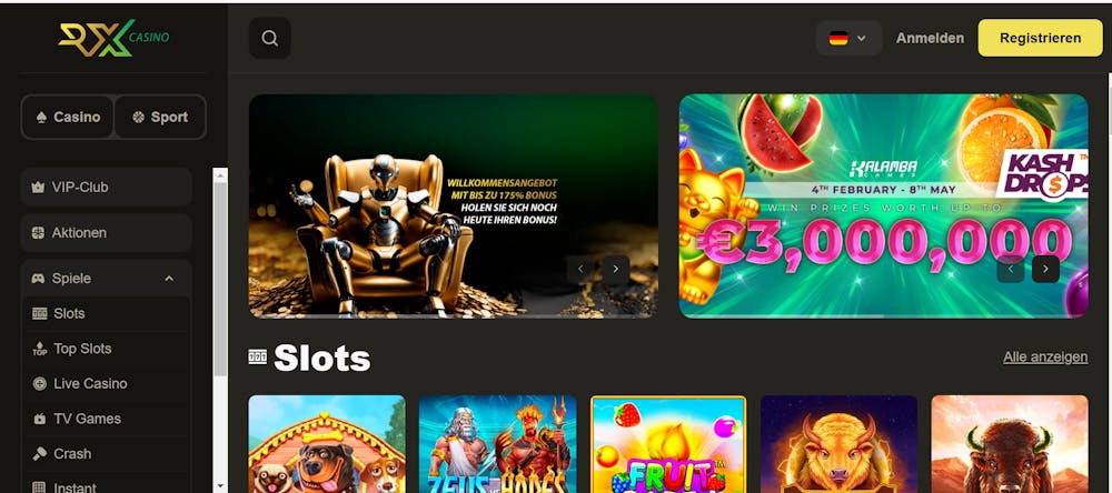 Die Homepage von RX Casino mit einer Beschreibung über einen Jackpot Preispool von bis zu 3.000.000€