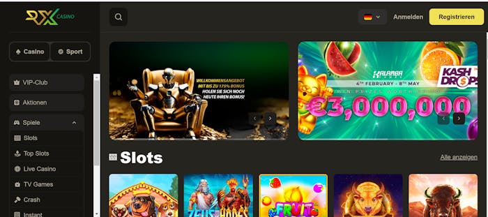 Die Homepage von RX Casino mit einer Beschreibung über einen Jackpot Preispool von bis zu 3.000.000€