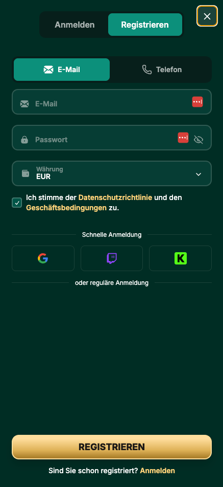 Das Registrierungsformular von RX Casino