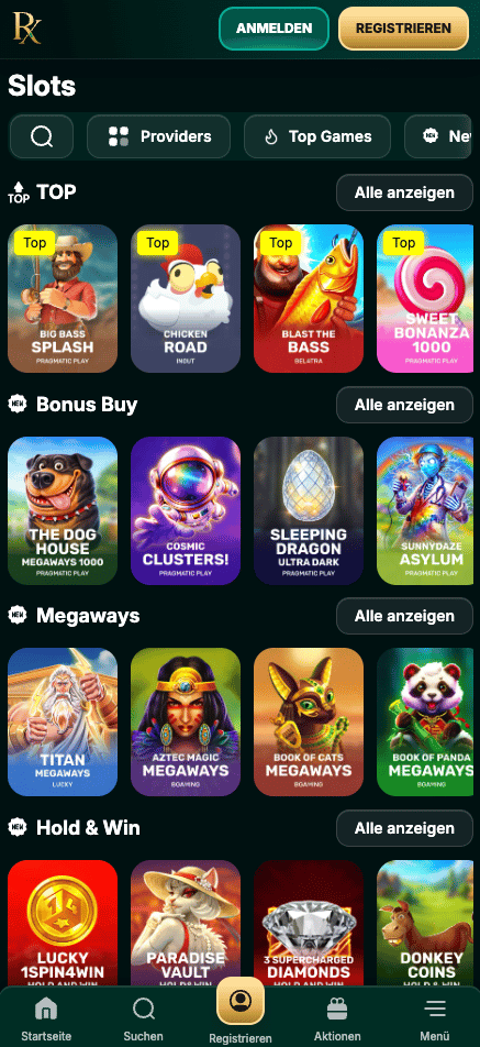 Die Spieleansicht von Rx Casino mit vielen verschiedenen Titeln wie Big Bass Splash