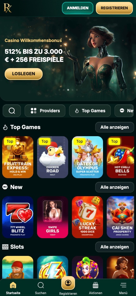 Startseite im RX Casino zeigt Willkommensbonus und top Spiele