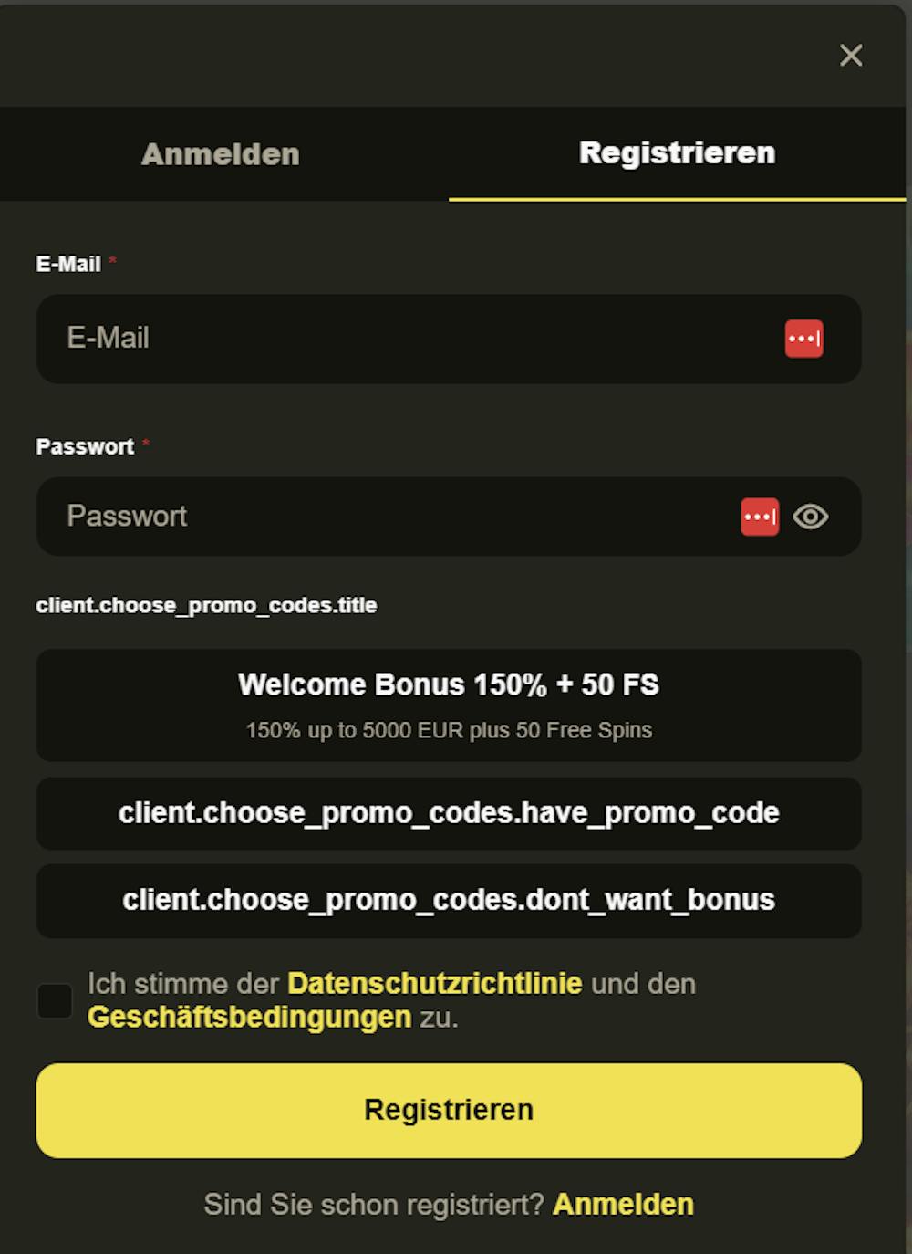 Das Registrierungsformular von RX Casino