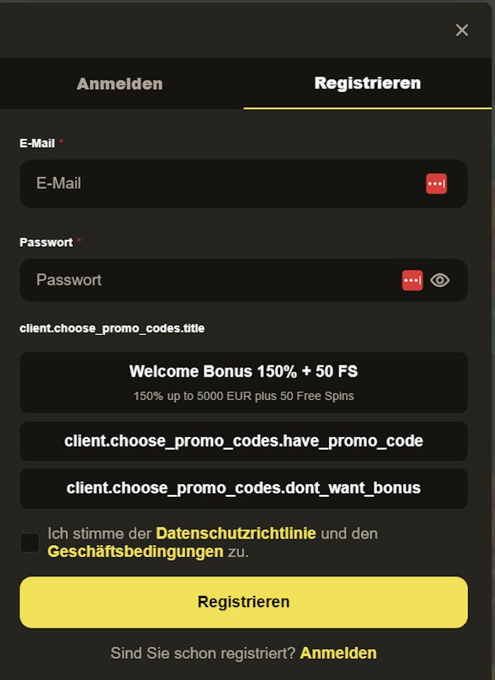 Das Registrierungsformular von RX Casino