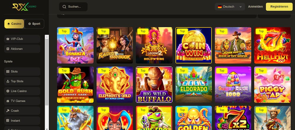 Die Spieleansicht von Rx Casino mit vielen verschiedenen Titeln wie Sweet Bonanza Dice und Reel Dorado