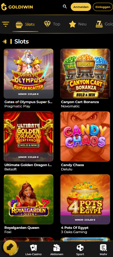 Spiellobby im Goldiwin Casino zeigt Slots wie Candy Chaos neben anderen Spielkategorien