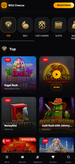 Wildchance Casino Screenshot mit der Spieleauswahl.