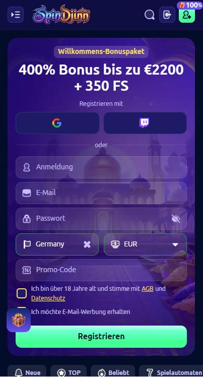 Startseite im SpinDjinn Casino zeigt Anmeldeformular
