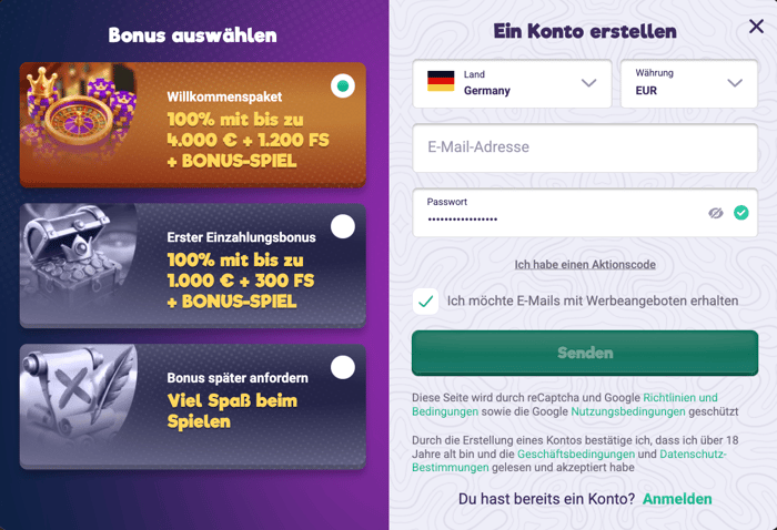 Anmeldeformular im Safecasino