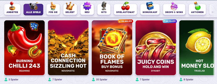 Spiellobby im Safecasino zeigt Spiele wie Book of Flames neben anderen Spielkategorien