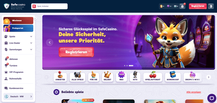 Startseite im Safecasino zeigt Menü, Spielkategorien und Banner
