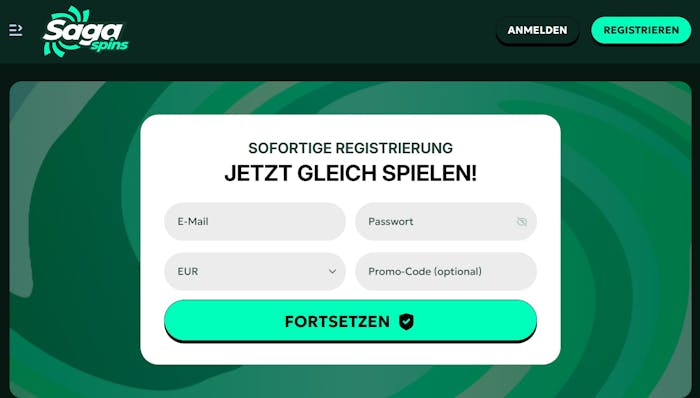 Screenshot vom Saga Spins mit dem Willkommensbonus Angebot.