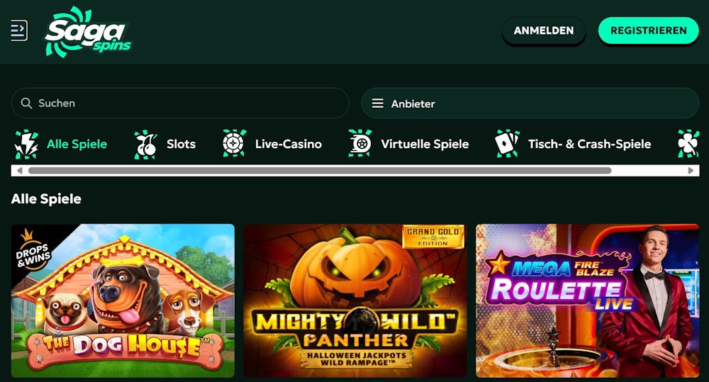 Saga Spins Casino Screenshot mit der Slotsauswahl.